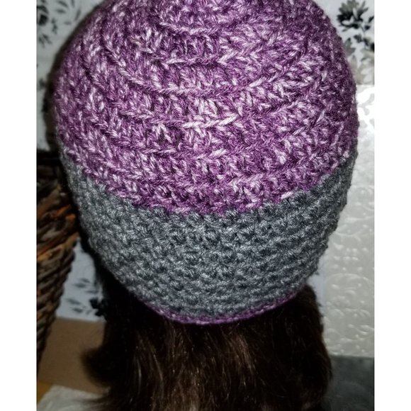 Adult Teen Beanie Grey Purple Heather Crochet Cable Knit Winter Watch Cap Hat - Picture 3 of 4